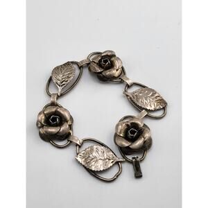 Vintage Lang Sterling Silver Marked Rose Leaf Link Bracelet Mid Century 20.5g